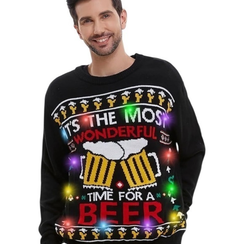 New! HSCTEK Beer Ugly Christmas Men, Light Up Sweater Size Small
